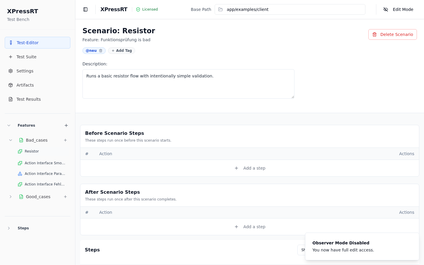 Scenario editor with name, tags, description and hook sections
