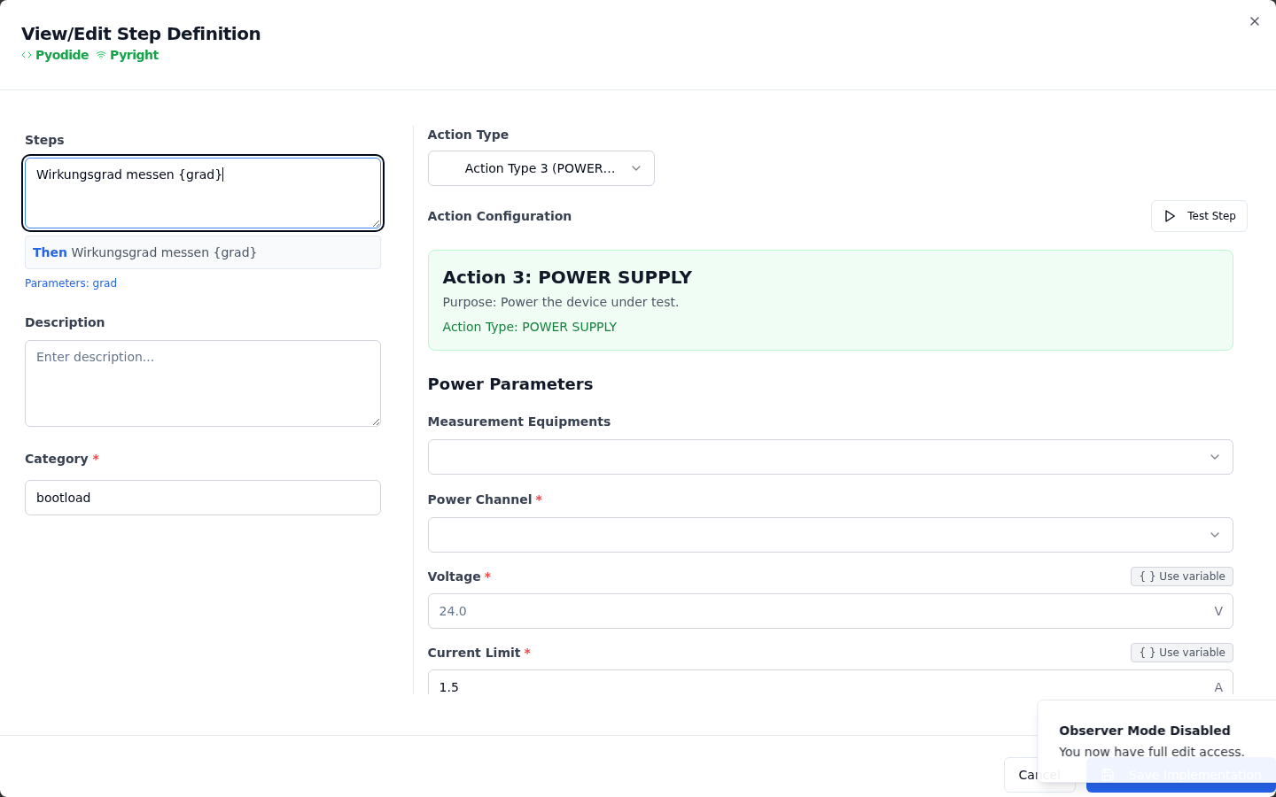Step Definition Modal showing the Power Supply action type