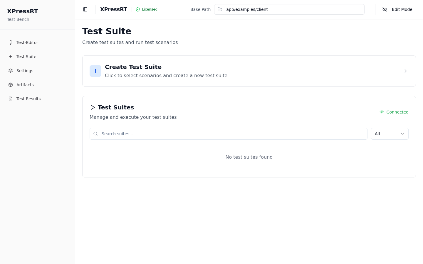 Create Test Suite panel with feature/scenario selection