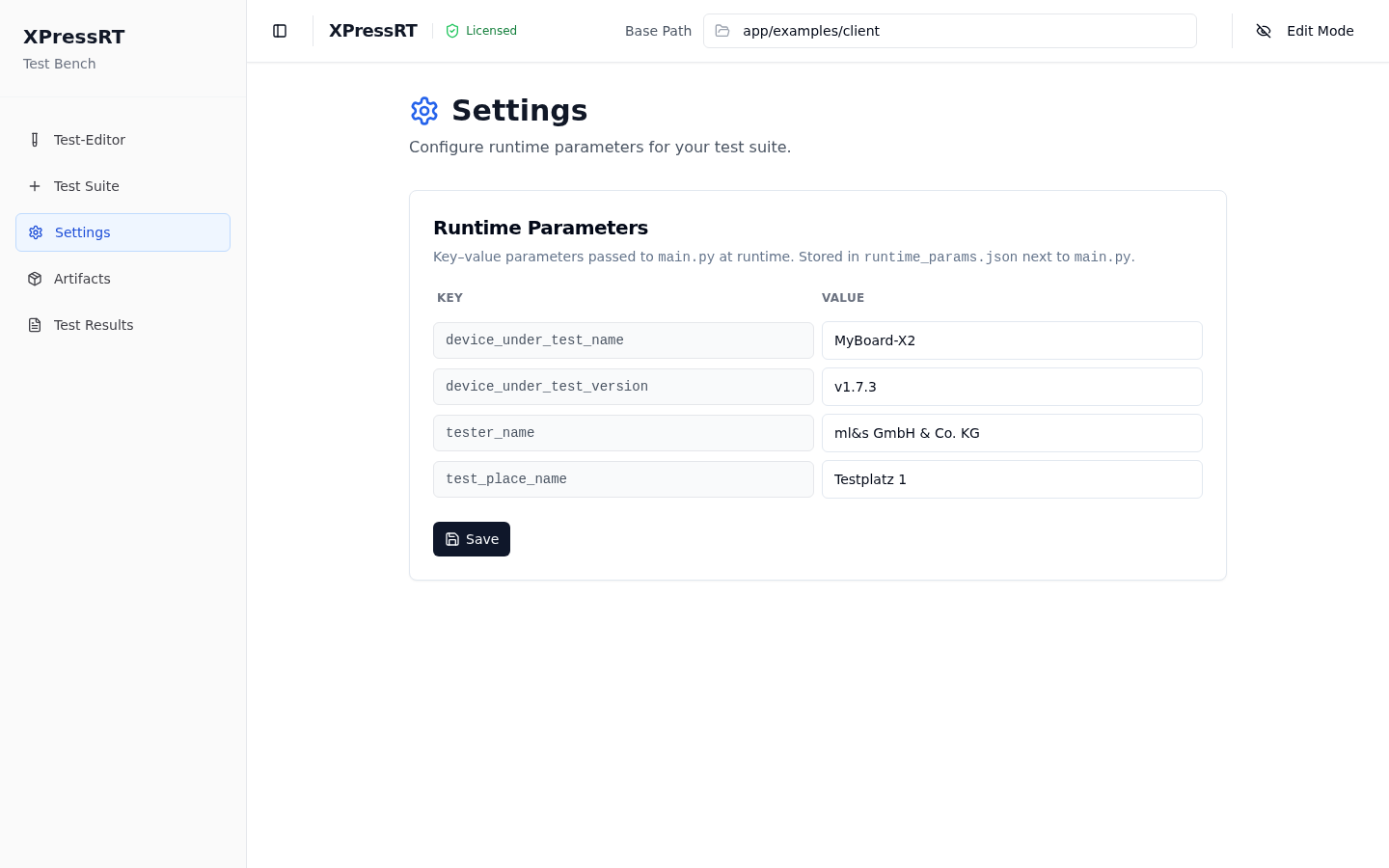 Settings page showing runtime parameters