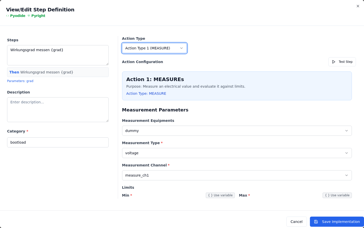 Measure action configuration form