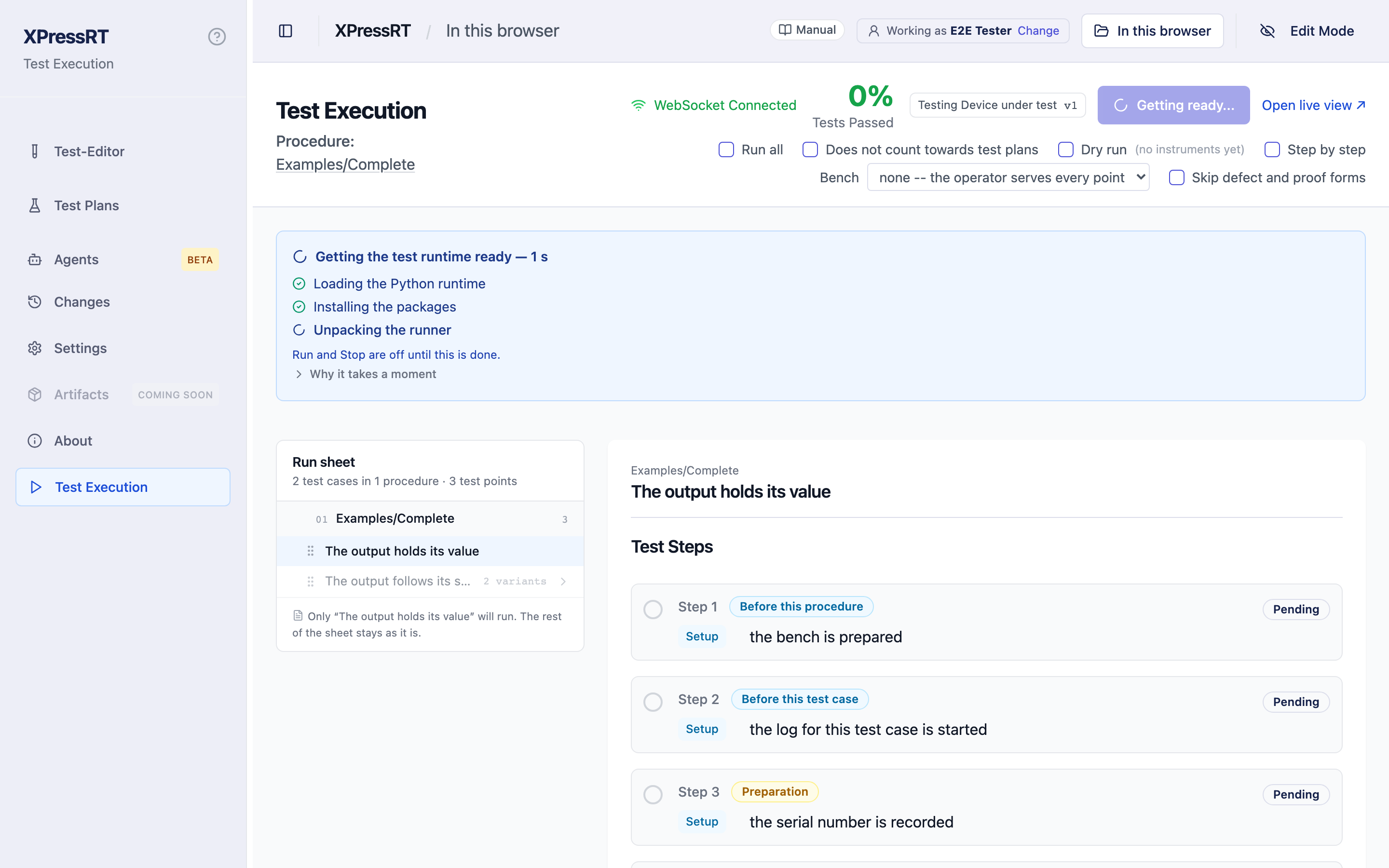 The steps of a test case before it runs, with the four moments around it