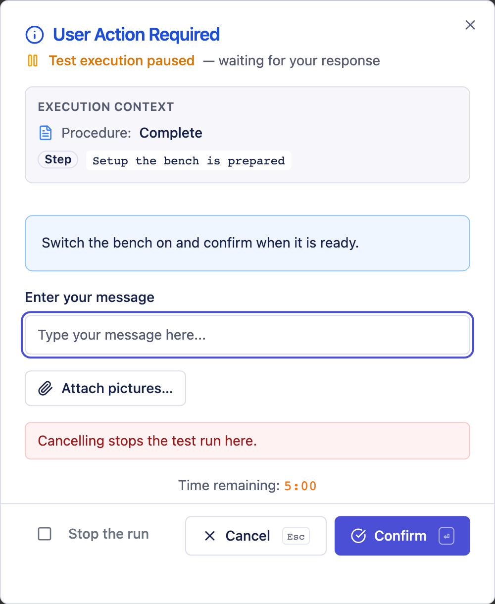 An operator dialog, naming the procedure, the test case and the step