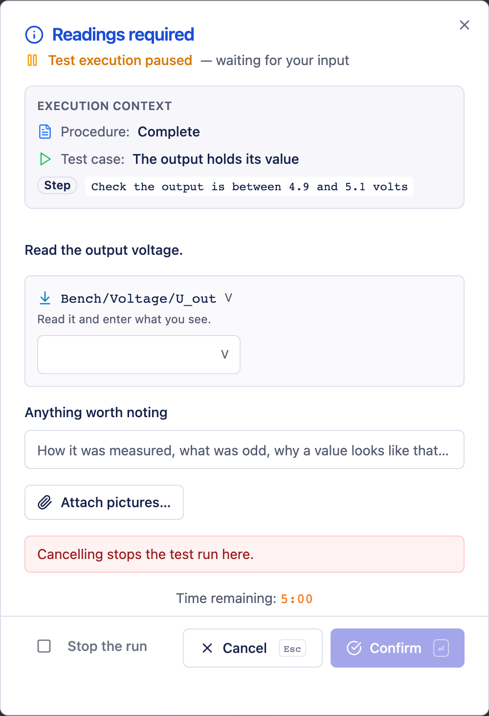 A dialog asking the operator for a reading