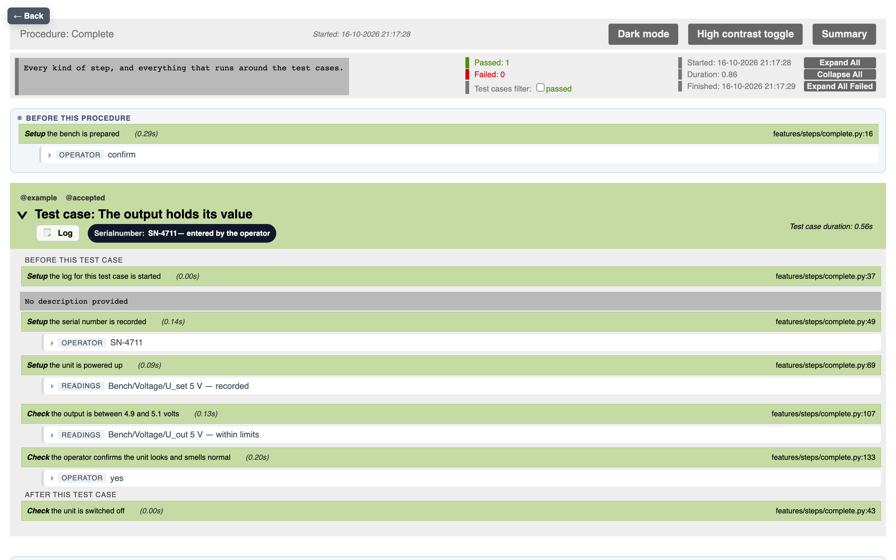 A procedure report: the preparation above, the test case with its steps, readings and serial number