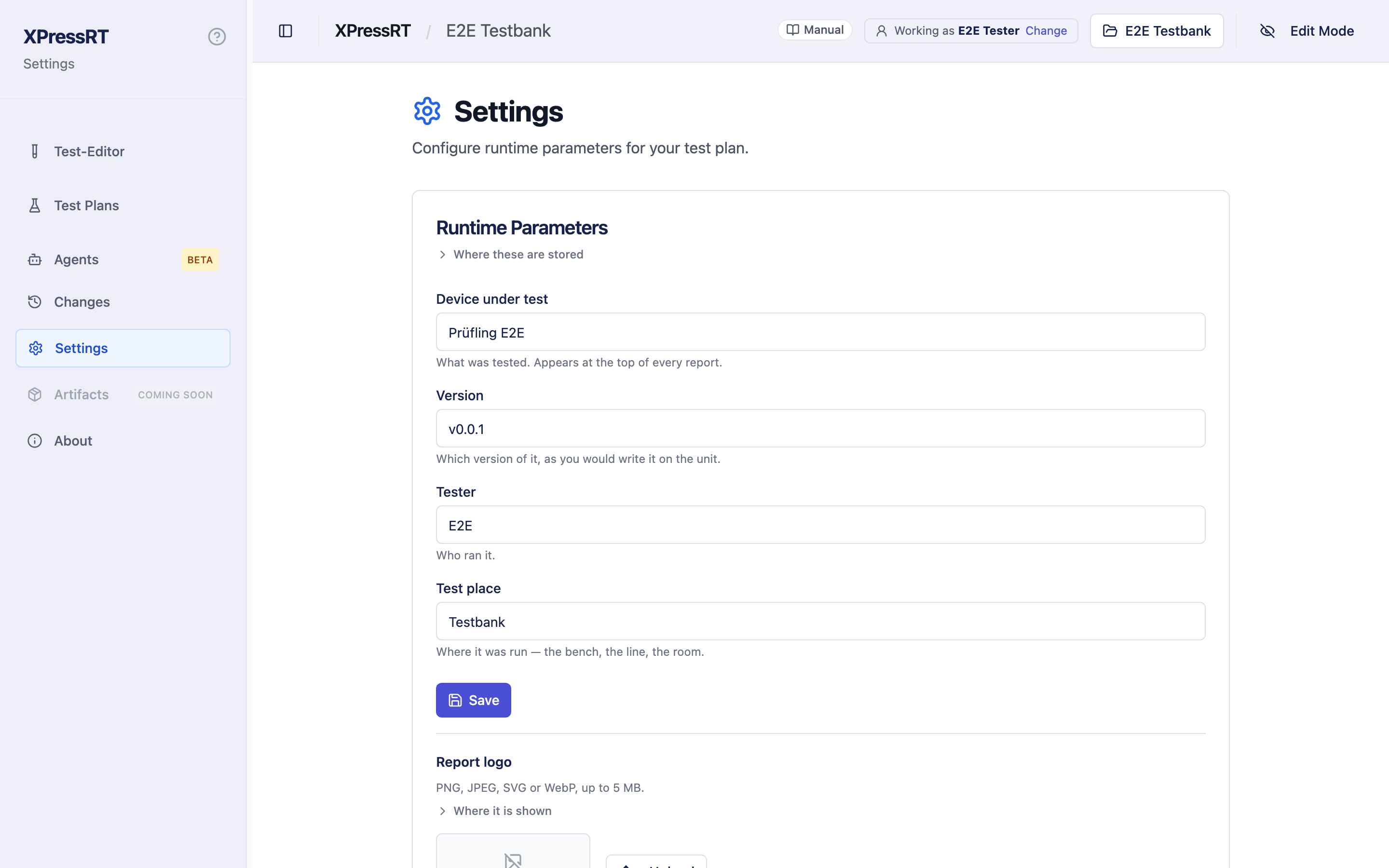 The settings a run records about itself